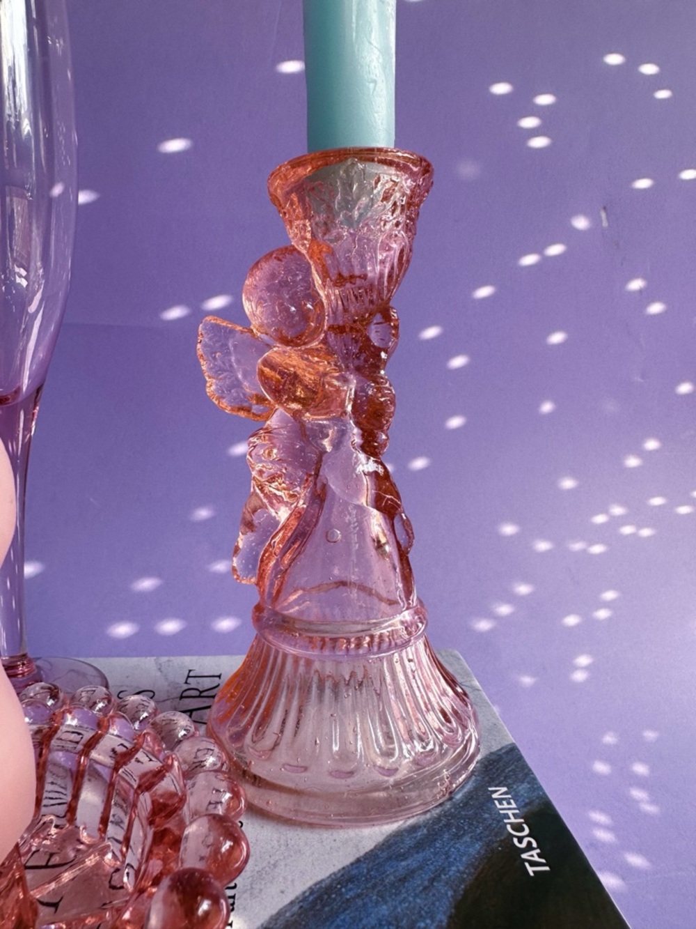 Vintage Pink Glass Cherub Candlestick Holder 6-1/2”
